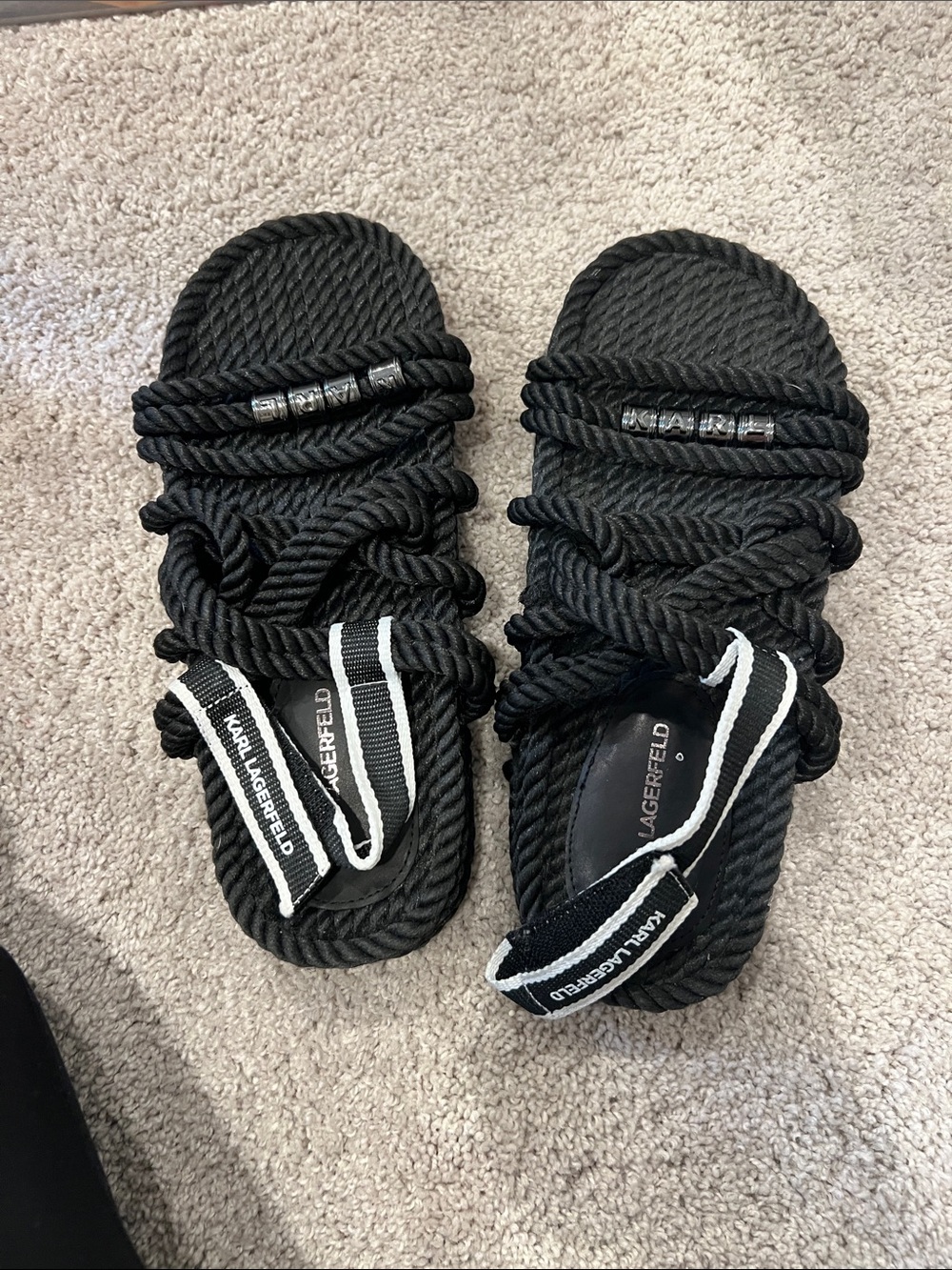 Karl Lagerfeld Black Rope Knot Sandals with Logo Straps
